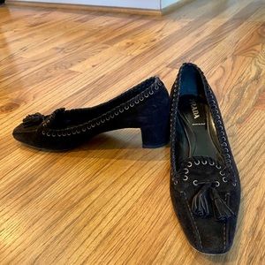 Prada Suede Tassle Grommet Block Heel Suede 37.5